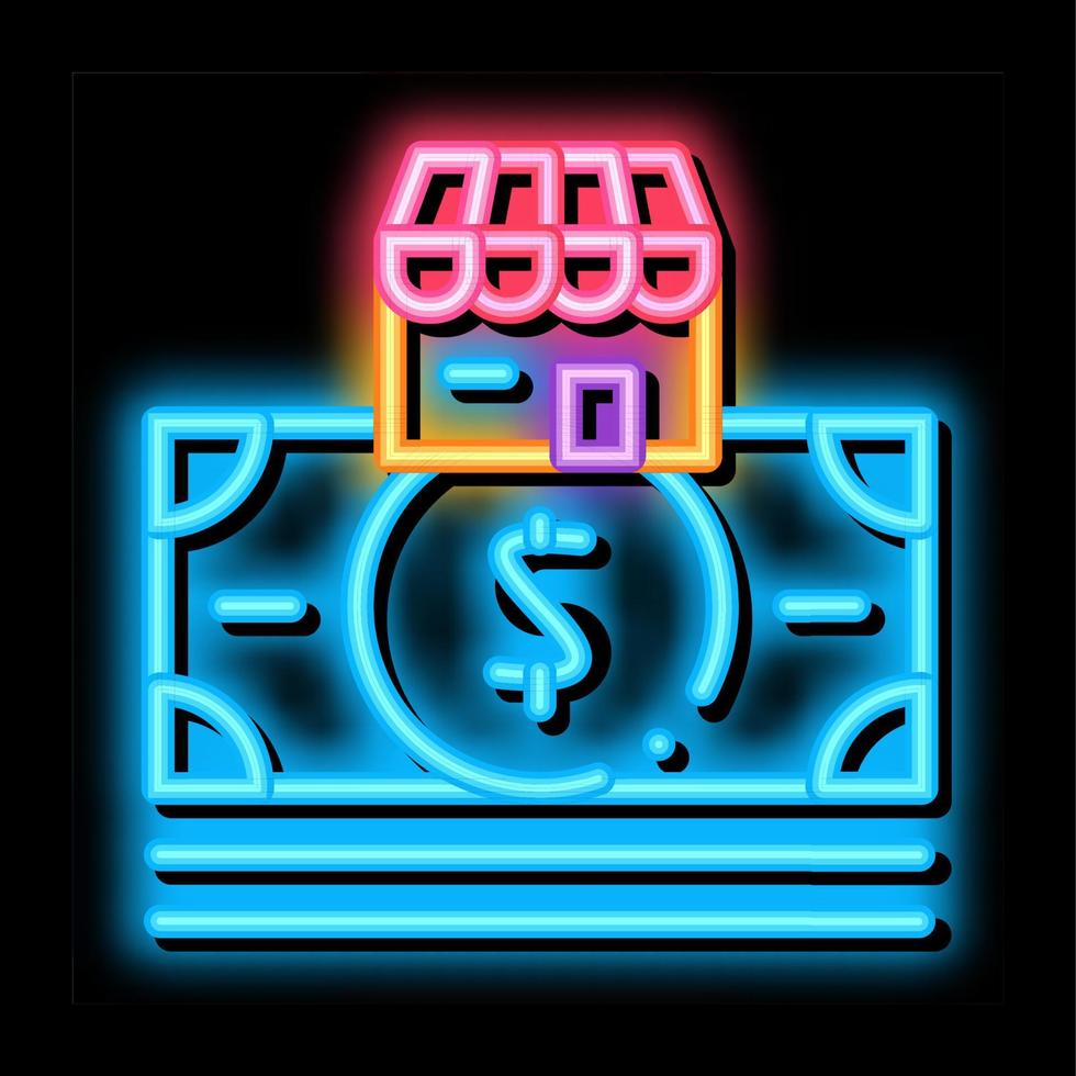 shop building and dollar banknote neon glow icon illustration vector