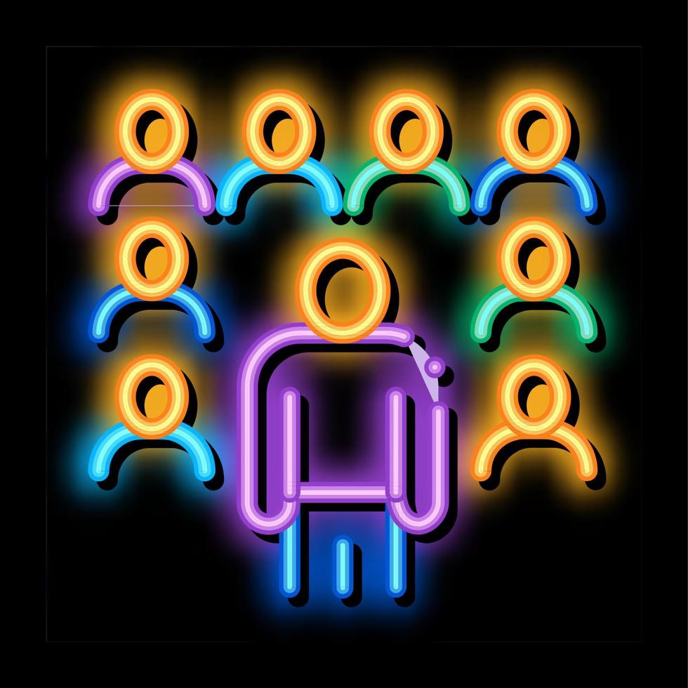 speaker standing before audience neon glow icon illustration vector
