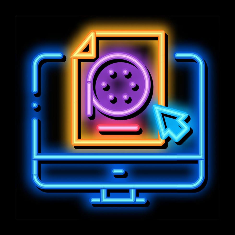 selección de documento de video en la ilustración del icono de brillo de neón de la computadora vector