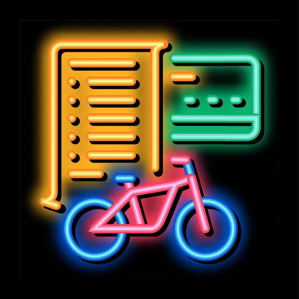 ilustración de icono de brillo de neón de servicios de bicicleta de pago con tarjeta vector