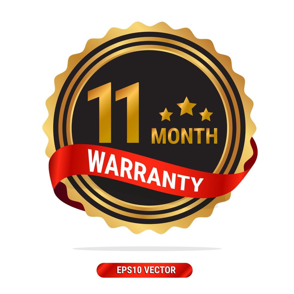 11 month warranty golden seal, stamp, badge, stamp, sign, label with red ribbon isolated on white background. vector