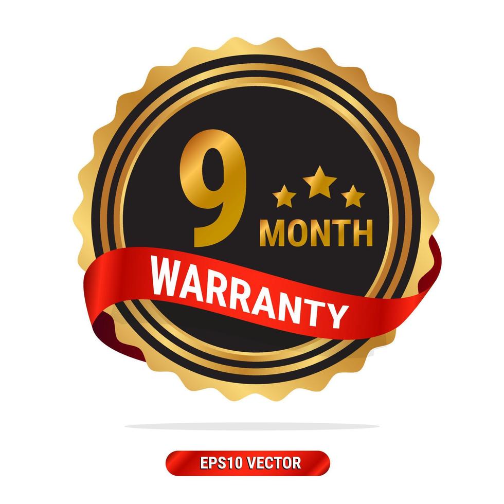 9 month warranty golden seal, stamp, badge, stamp, sign, label with red ribbon isolated on white background. vector