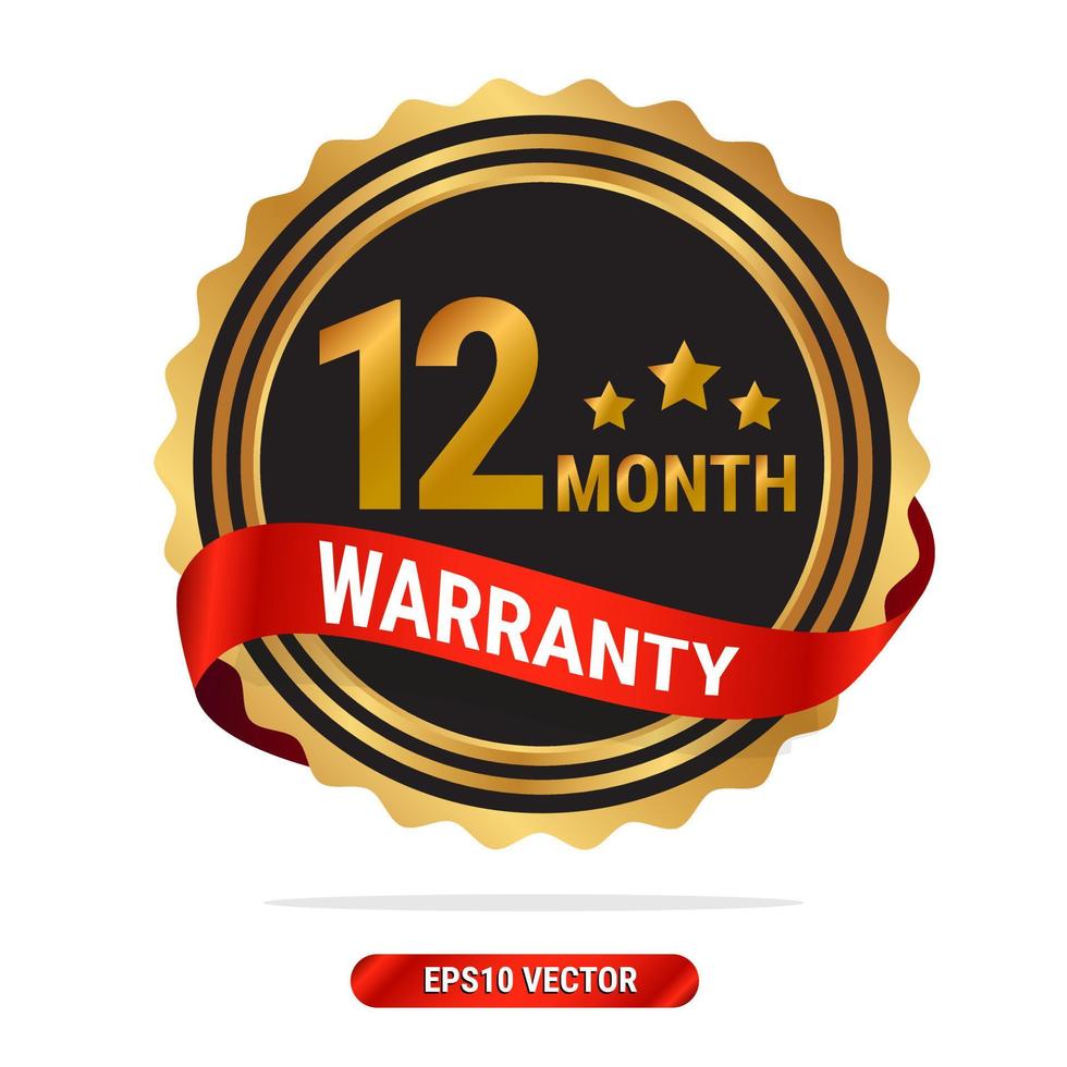 12 month warranty golden seal, stamp, badge, stamp, sign, label with red ribbon isolated on white background. vector