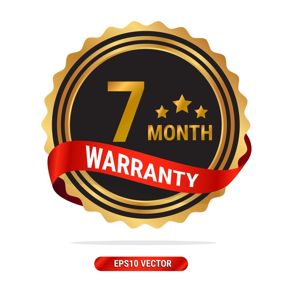 7 month warranty golden seal, stamp, badge, stamp, sign, label with red ribbon isolated on white background. vector