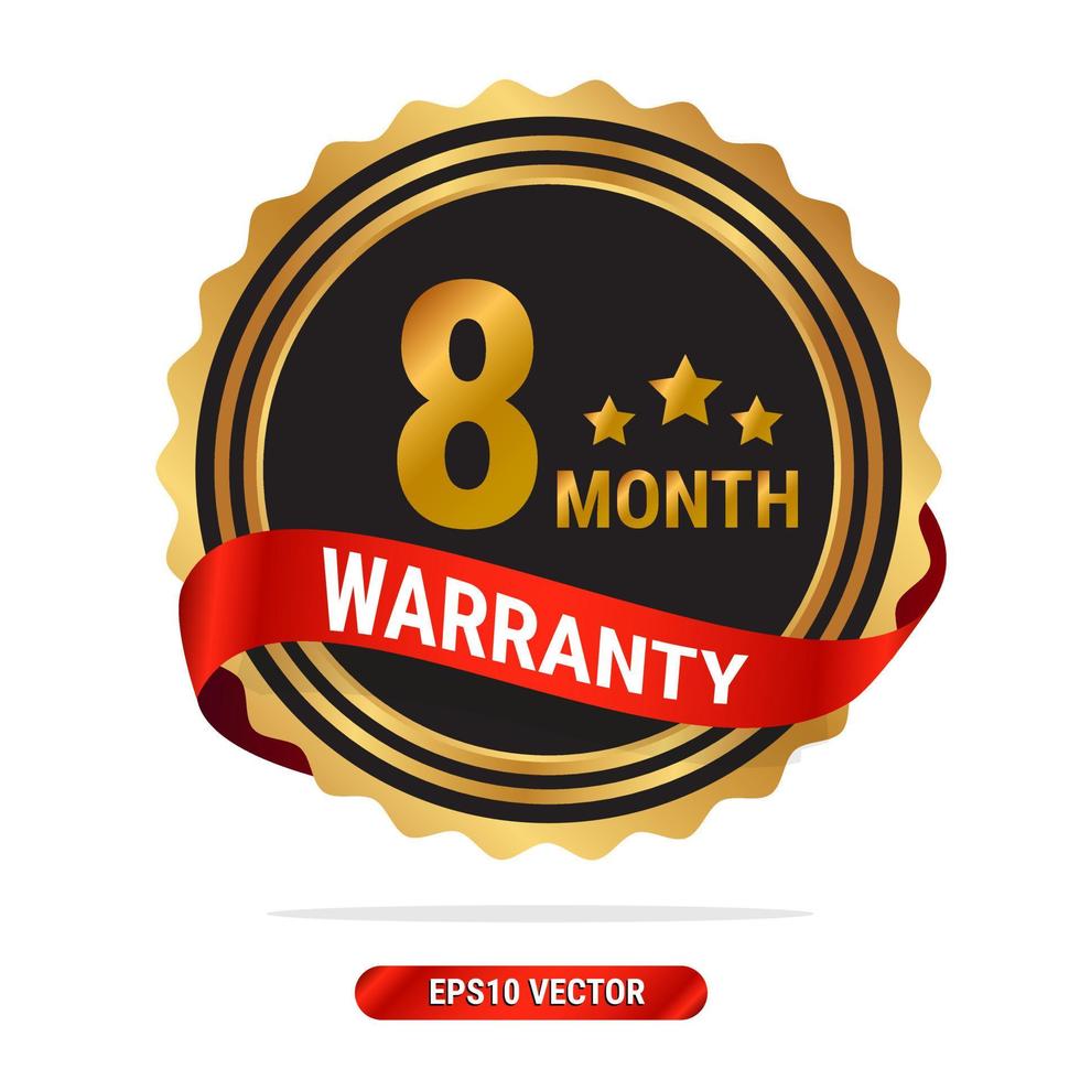 8 month warranty golden seal, stamp, badge, stamp, sign, label with red ribbon isolated on white background. vector