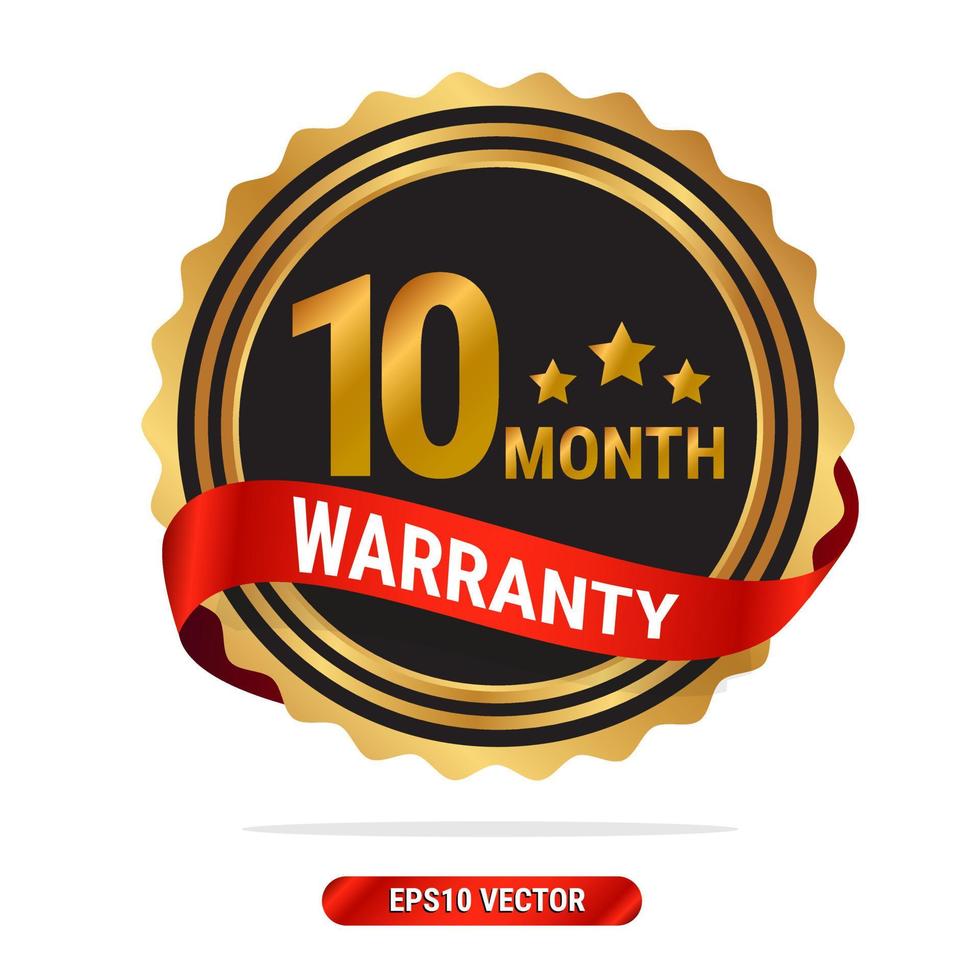 10 month warranty golden seal, stamp, badge, stamp, sign, label with red ribbon isolated on white background. vector