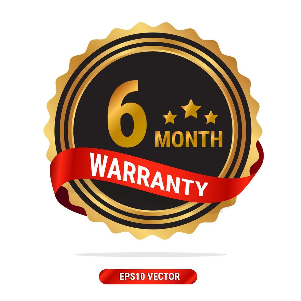 6 month warranty golden seal, stamp, badge, stamp, sign, label with red ribbon isolated on white background. vector