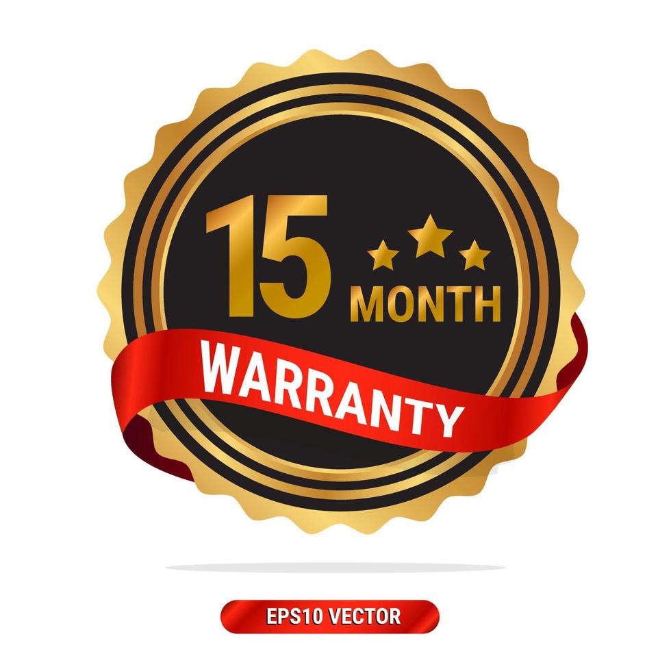 15 month warranty golden seal, stamp, badge, stamp, sign, label with red ribbon isolated on white background. vector