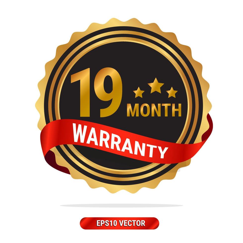 19 month warranty golden seal, stamp, badge, stamp, sign, label with red ribbon isolated on white background. vector