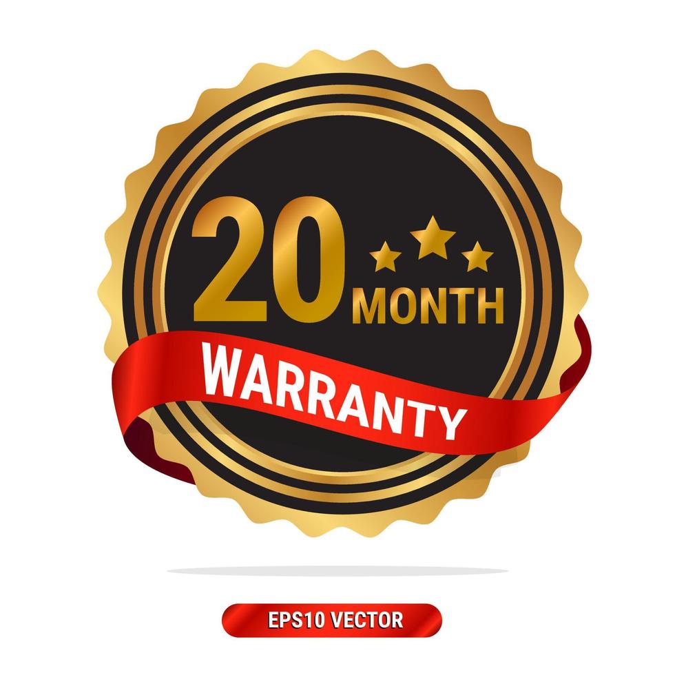 20 month warranty golden seal, stamp, badge, stamp, sign, label with red ribbon isolated on white background. vector