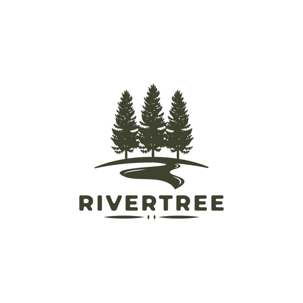 Pine trees evergreen with river creek logo vector illustration design template, vector illustration for outdoor logo design inspiration