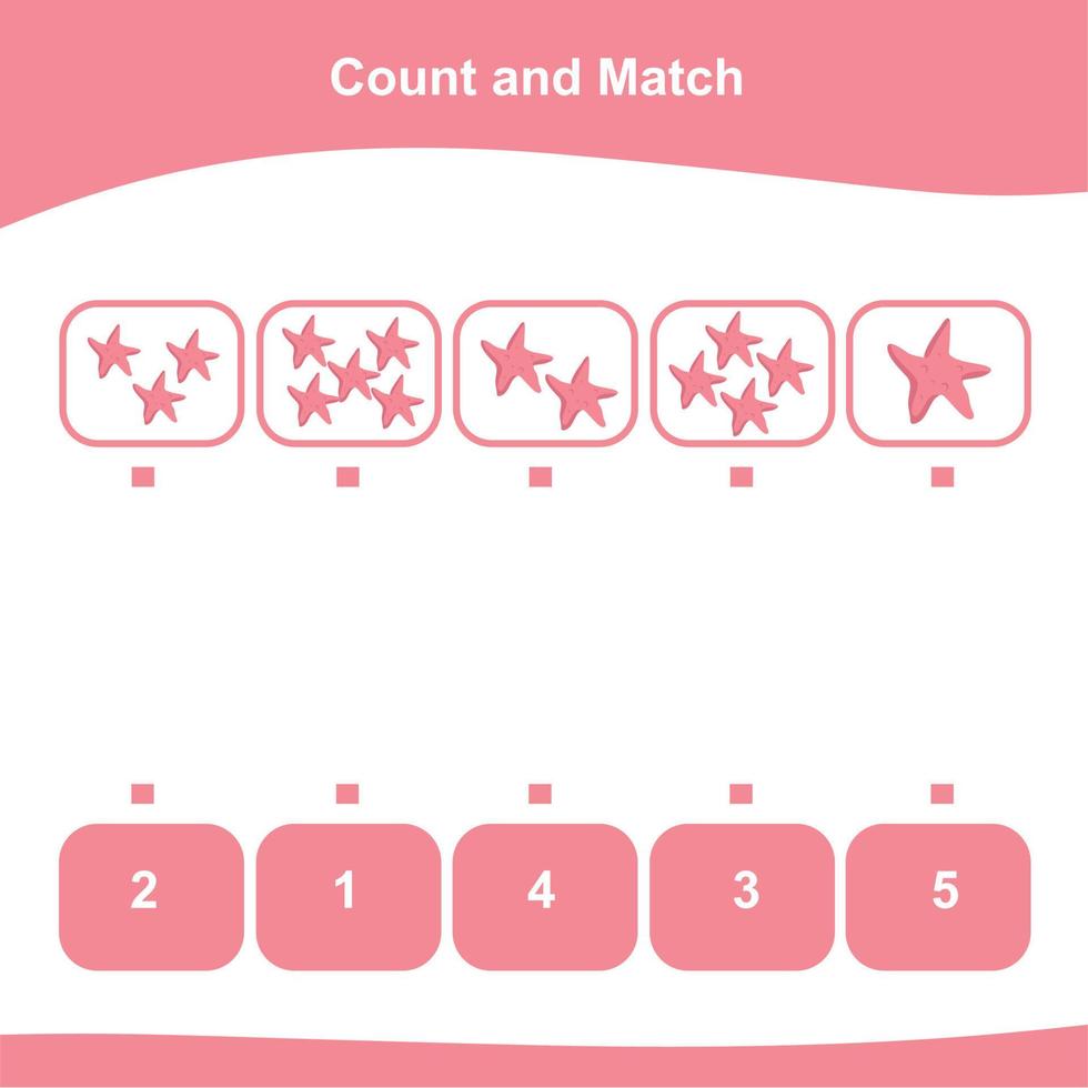 Counting summer items for preschool. Printable math worksheet. Count the images and match the answer. Vector file.