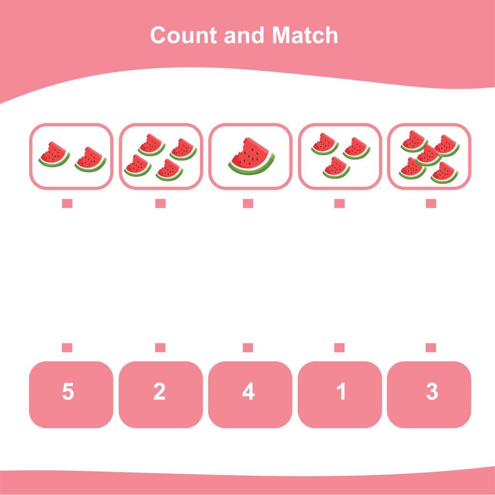 Counting summer items for preschool. Printable math worksheet. Count the images and match the answer. Vector file.