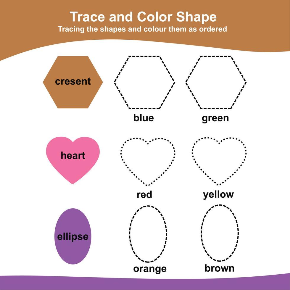 Trace and coloring activity for children. Exercise for children to recognize colors and shapes. Educational worksheet for preschool. Vector file.