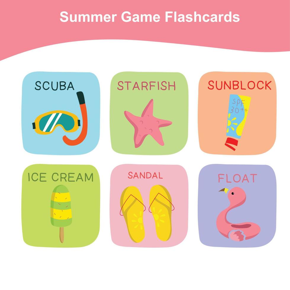 Summer Game Flashcards for Preschool Children. Cute flashcards for kids education. Educational printable game cards. Vector illustration.