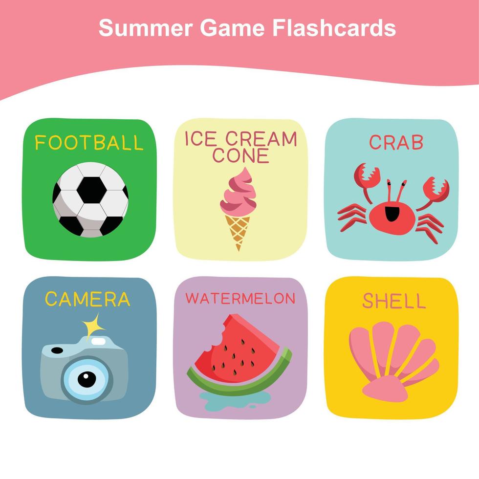 Summer Game Flashcards for Preschool Children. Cute flashcards for kids