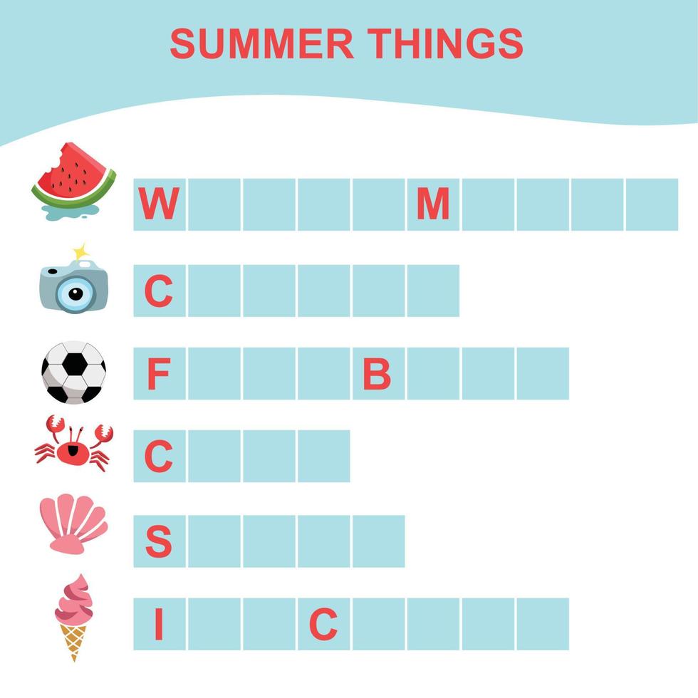 Summer Things Names Worksheet. Educational activity for preschool kids. Preschool Education. Vector illustration.
