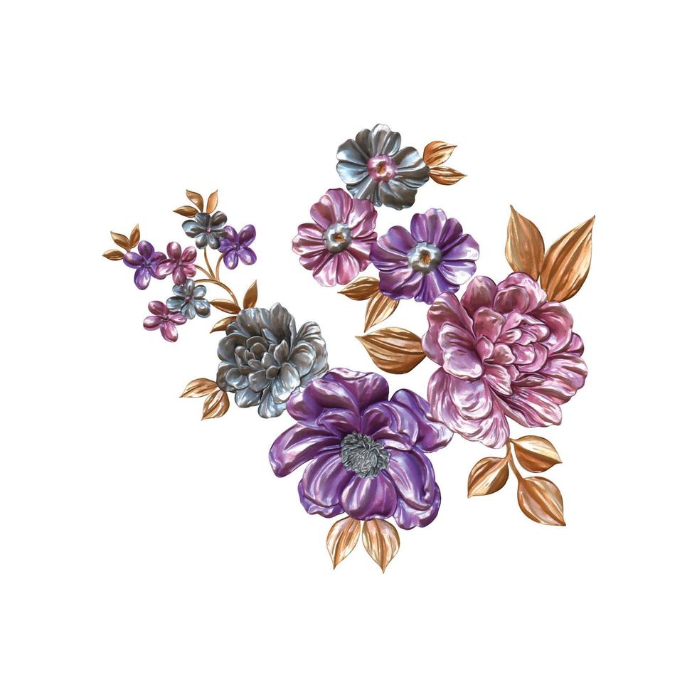 ilustración de flores, patrón de flores metálico abstracto, pintura de flores digitales, diseño floral decorativo, ilustración de flores, patrón de flores en relieve. vector