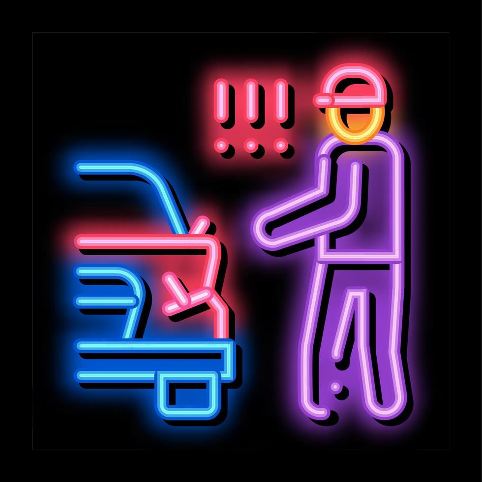 indignant driver of broken car bumper neon glow icon illustration vector