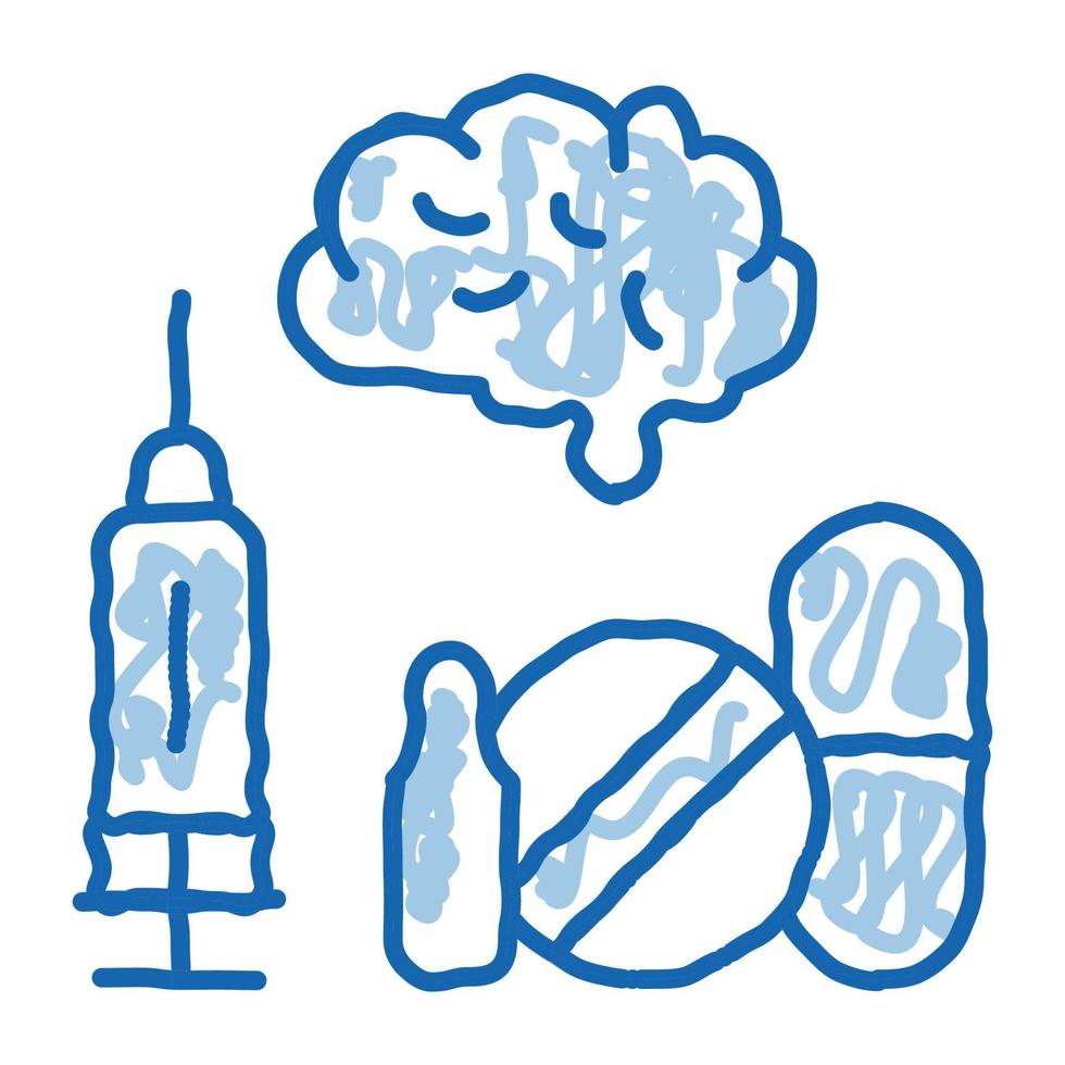 Brain, Syringe And Pills doodle icon hand drawn illustration vector