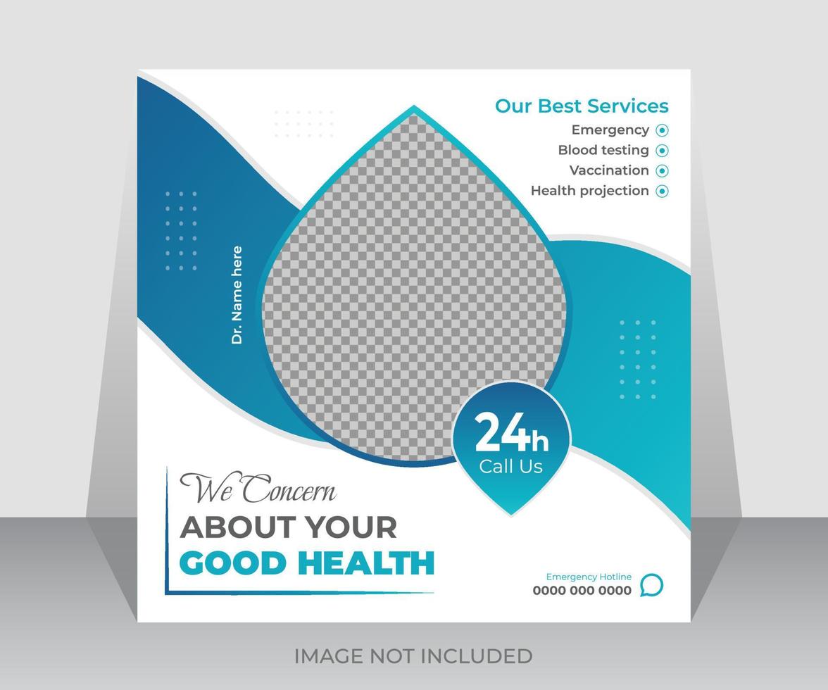 diseño de publicación de redes sociales de atención médica o plantilla de banner de anuncios web cuadrados para hospital vector