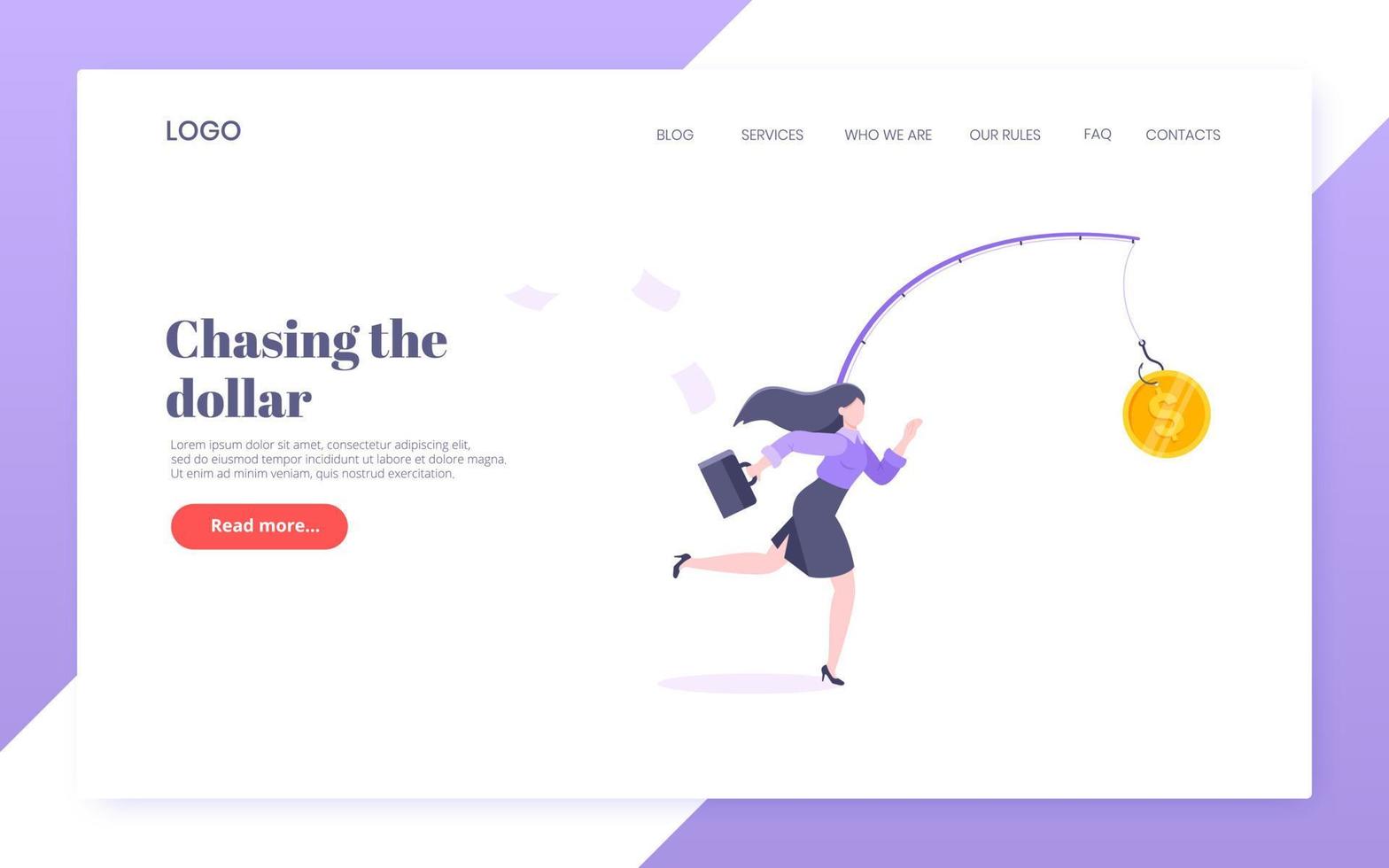 Rat race and money bait business concept with businesswoman running after dangling dollar. vector