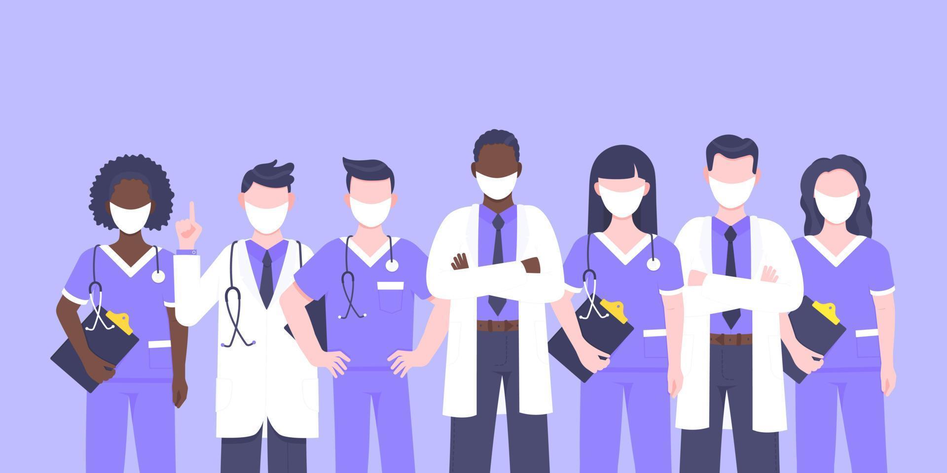Doctor team medical staff with face masks clinic employee vector illustration.