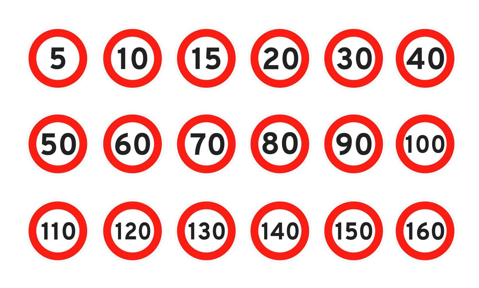 límite de velocidad 5, 10, 15, 20, 30, 40, 50, 60, 70, 80, 90, 100 icono de tráfico de carretera redondo signo estilo plano diseño vector ilustración conjunto.