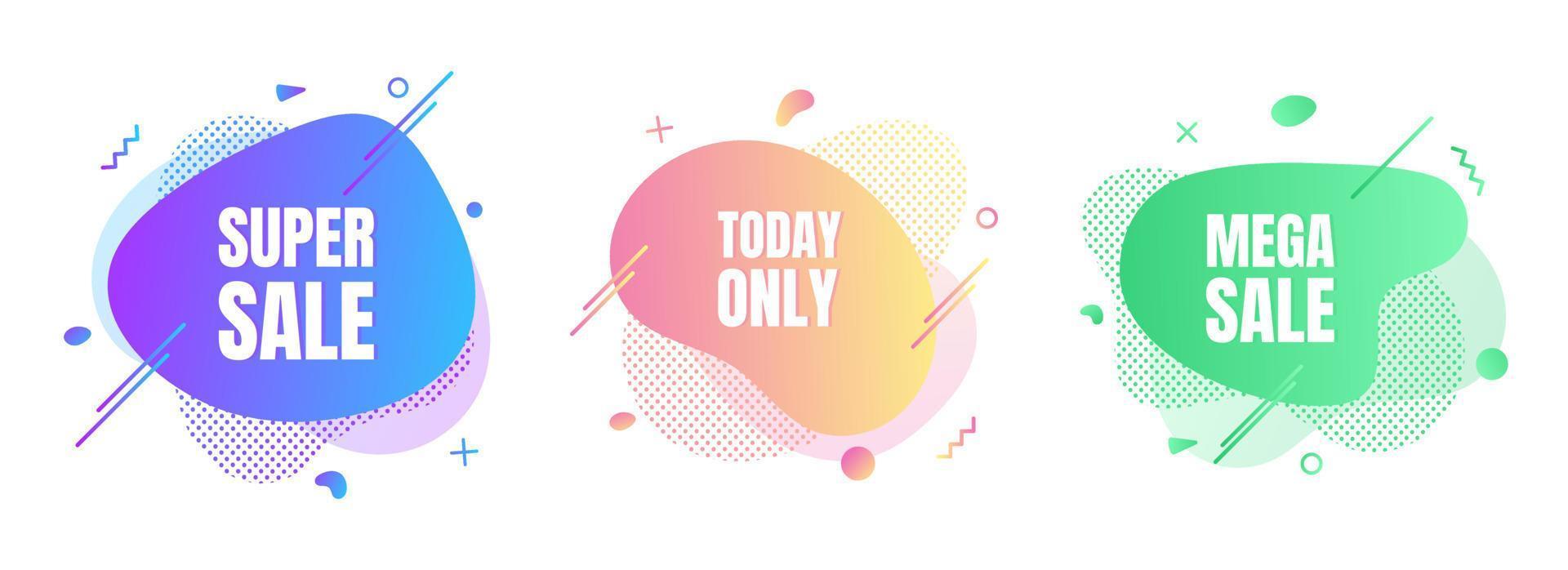 3 modern liquid abstract special offer price sign MEGA SALE, TODAY ONLY, SUPER SALE text gradient flat style design fluid vector colorful vector illustration banner simple shape advertising.