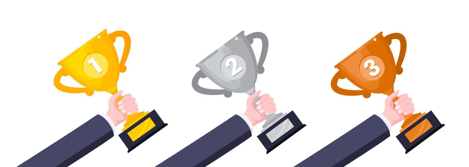 Hands hold gold, silver and bronze award trophy goblet cup set vector
