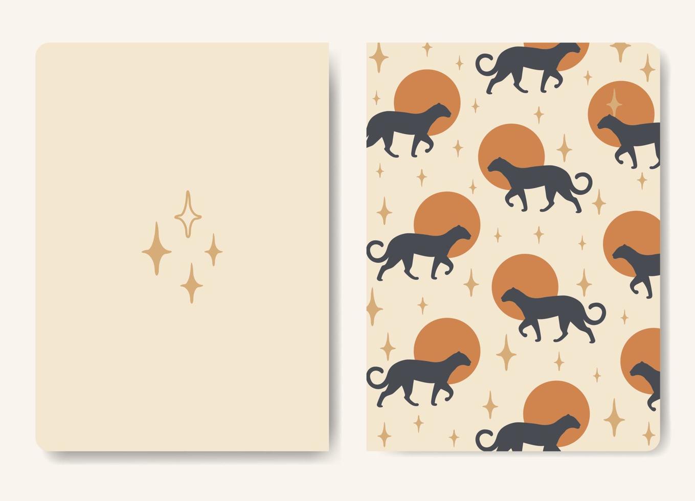 plantilla universal con leopardo y sol. aplicable para portadas de cuadernos, planificadores, folletos, libros, catálogos, etc. patrones sin costuras y máscaras utilizadas, fácil de cambiar el tamaño, papel a5 vector