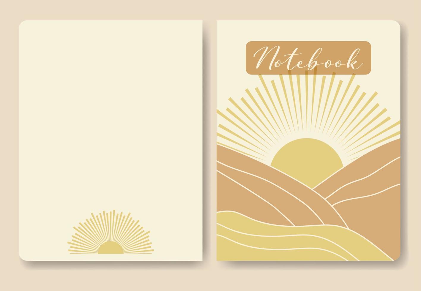 Minimalist sunny valley template for notebook cover. Mountains sunrise, easy to re-size. Vector illustration