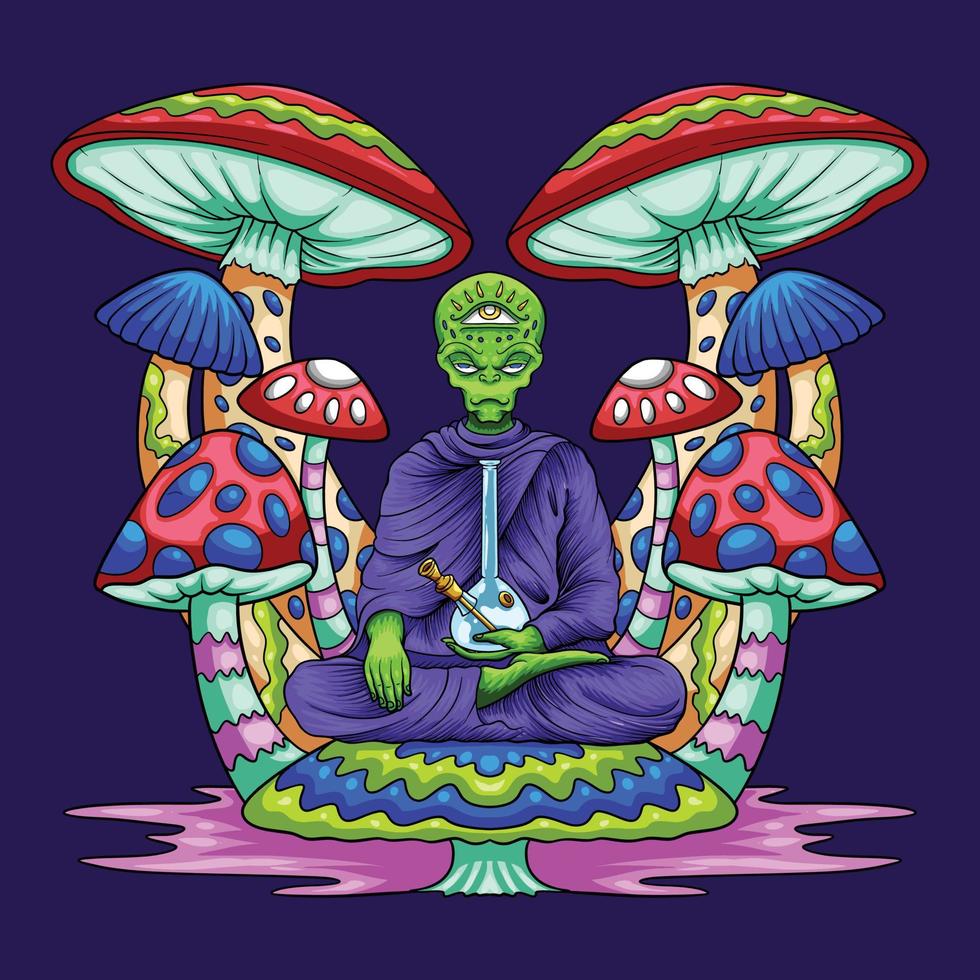 Alien meditation chill on mushroom tree vector