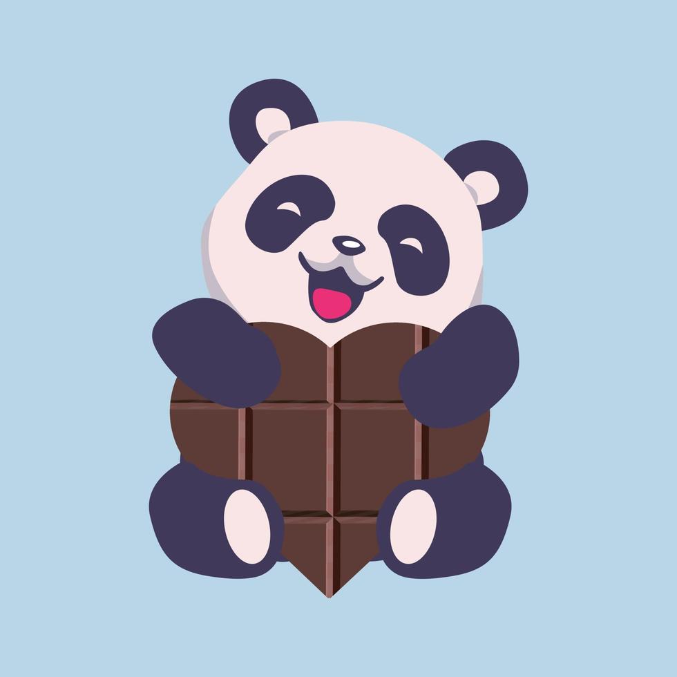 Cute Panda with  chocolate heart. Panda face carto on icon, vector illustration. Greeting card of panda with heart.