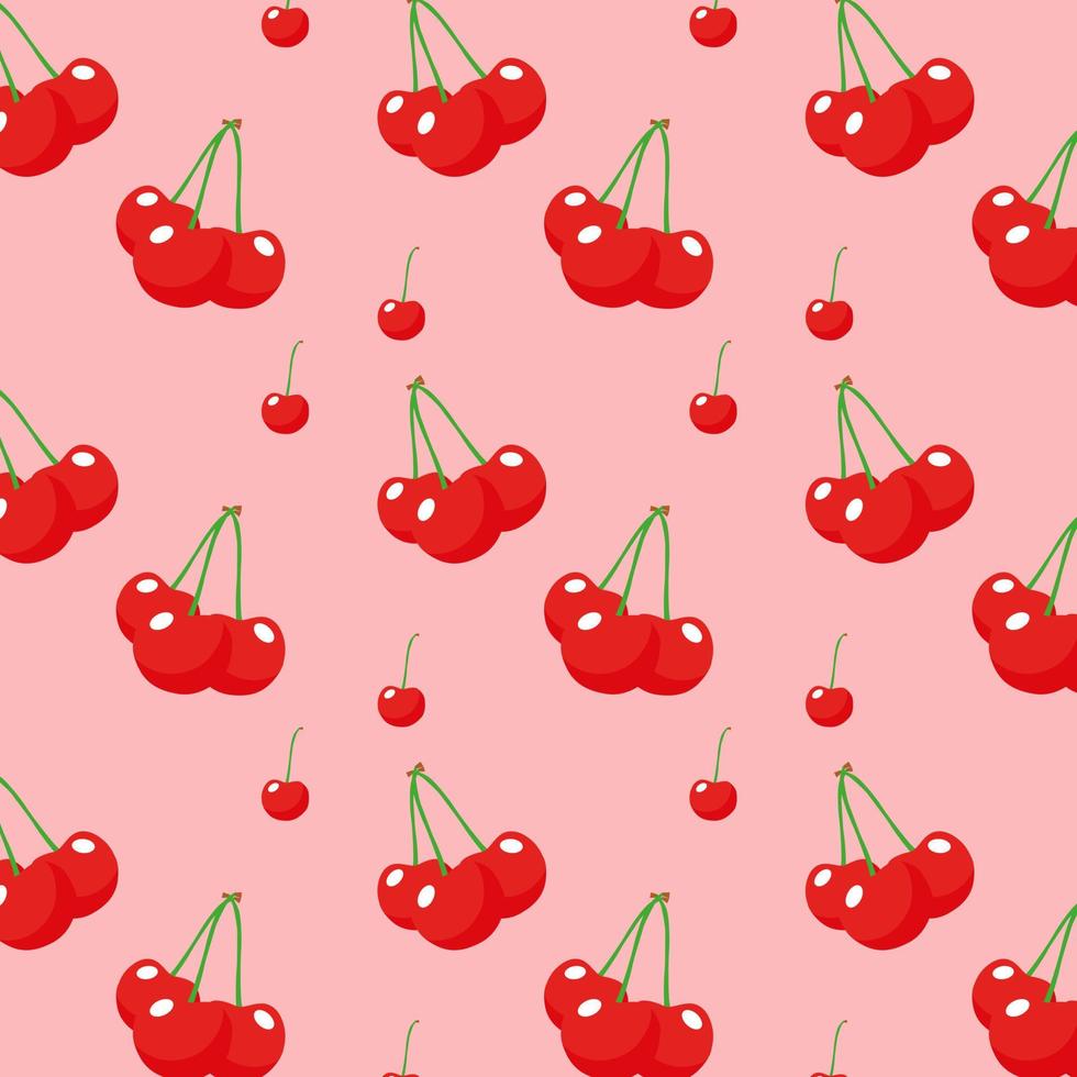 fruta de cereza en la ilustración de vector de fondo rosa. patrón de fruta de dibujos animados lindo, diseño plano para la impresión de moda. elementos de diseño para ropa o textiles para bebés