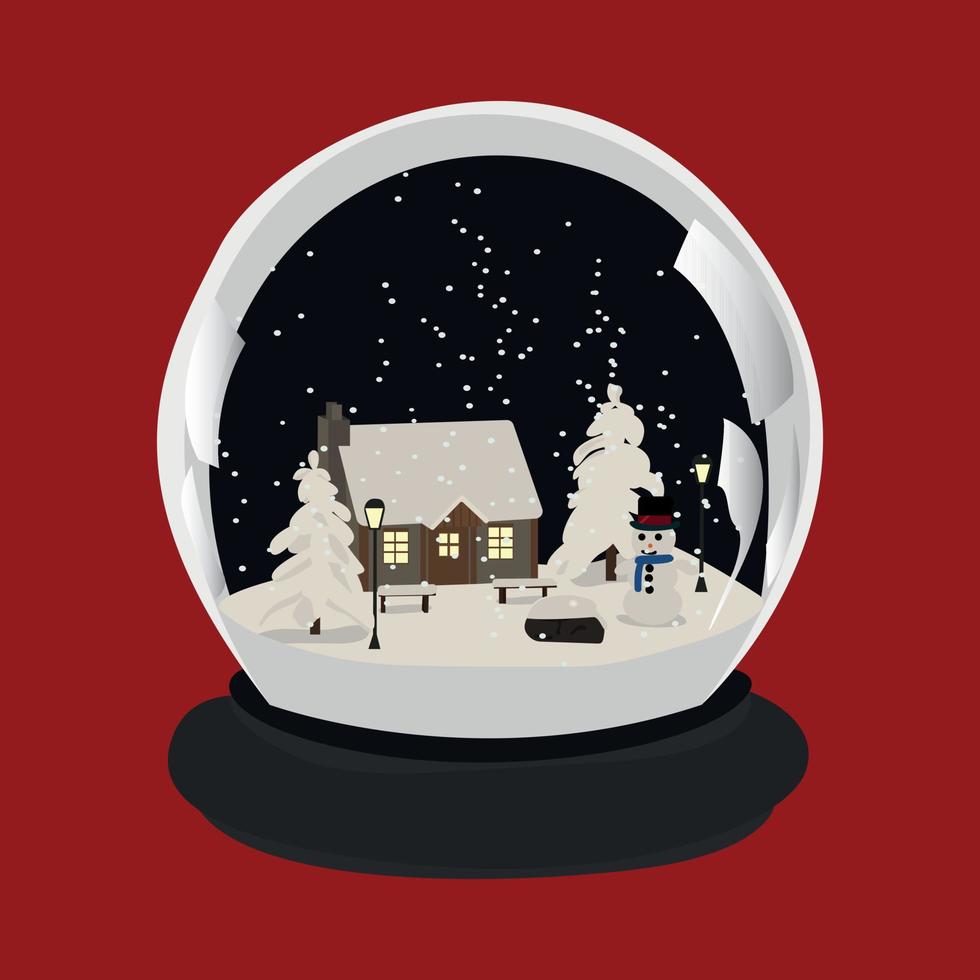 Christmas snow ball. Snow Globe with a house within. Happy New Year and Merry Christmas. Vector illustration