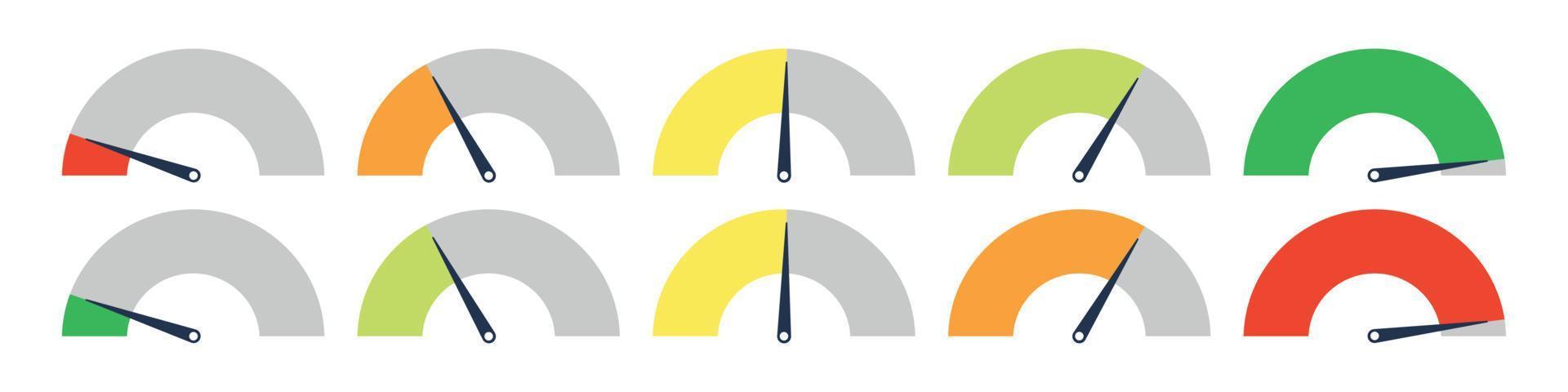 conjunto de diferentes elementos de calibre de medidor. barómetros verde y rojo, alto y bajo, nivel malo y bueno o escala de riesgo. ilustración vectorial aislada vector