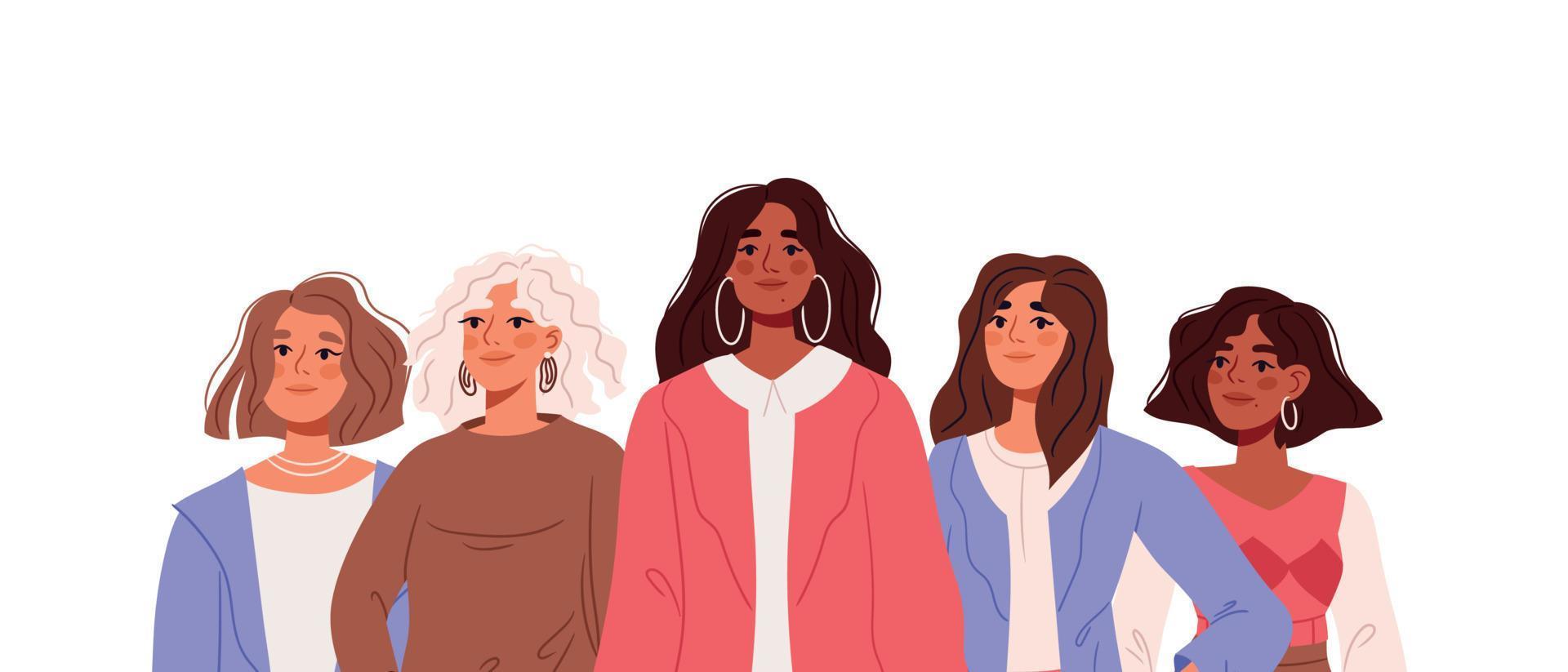 día Internacional de la Mujer. grupo de mujeres fuertes multinacionales. empoderamiento de las chicas poderosas. concepto de igualdad, comunidad de hermandad, feminismo. ilustraciones vectoriales planas aisladas en fondo blanco vector