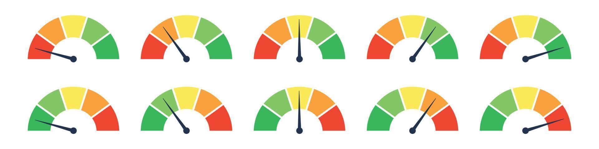 medidor de escala con barra baja, alta y media. gráfico de riesgo de nivel o control de calidad. ilustración vectorial aislada vector