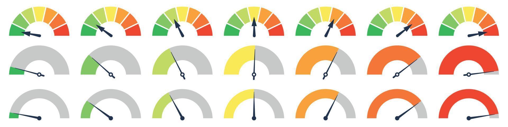 Set of different colorful speedometers, meter gauge element, ratings of varying degrees of satisfaction. Level indicator collection. Vector isolated illustration