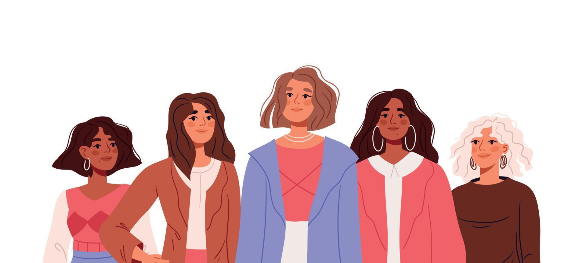 día Internacional de la Mujer. mes de la historia de la mujer. empoderamiento de las chicas poderosas. concepto de igualdad, comunidad de hermandad, feminismo. ilustraciones vectoriales planas aisladas en fondo blanco vector