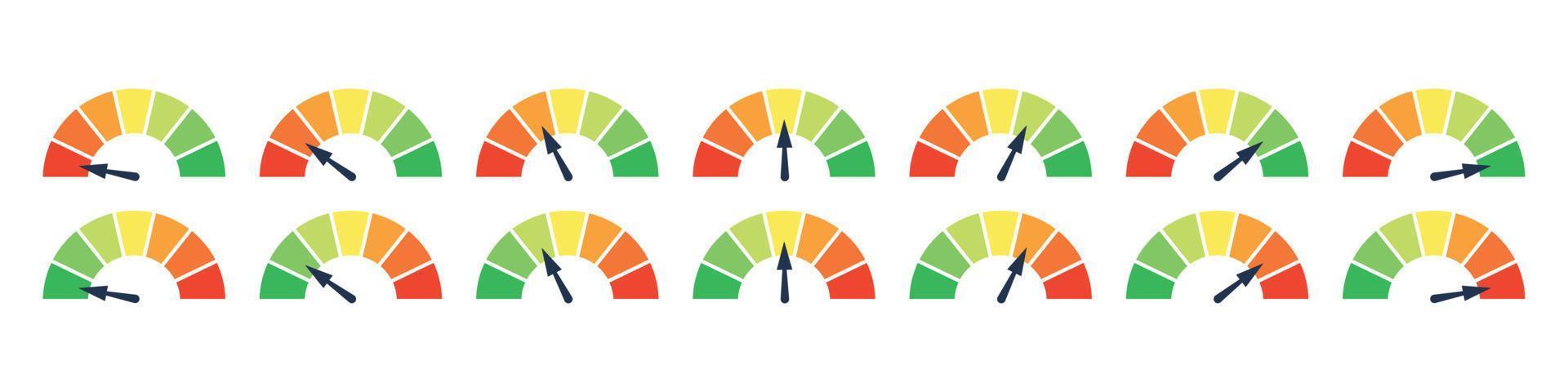 Set of different colorful speedometers, meter gauge element, ratings of varying degrees of satisfaction. Level indicator collection. Vector isolated illustration