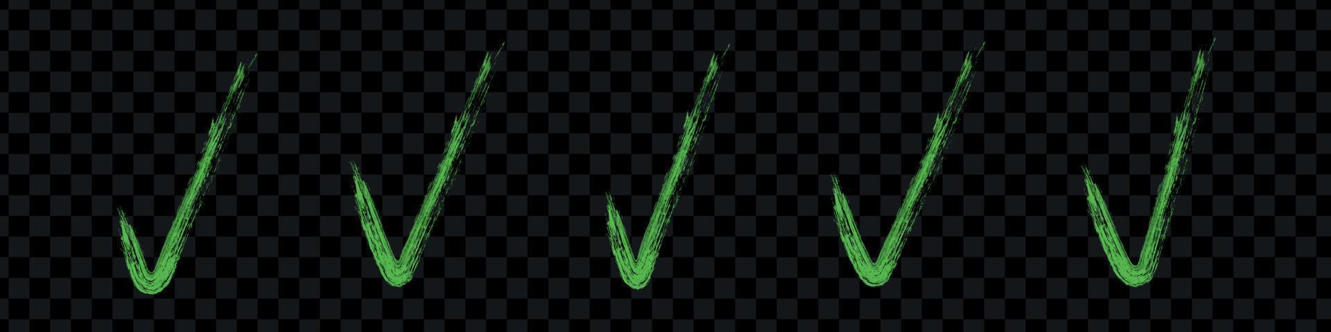 conjunto de marca de verificación verde. marque el icono de pincel grunge. ok, sí o signo correcto. ilustraciones vectoriales gráficas planas aisladas vector