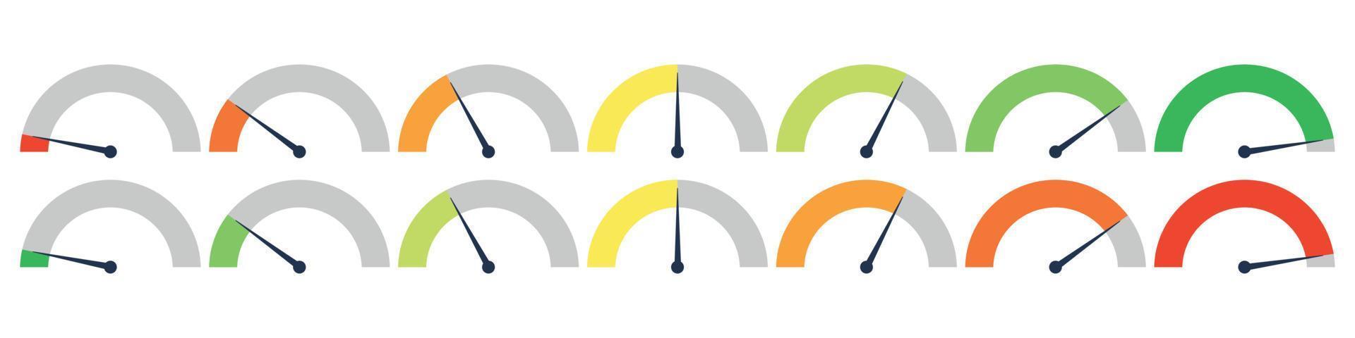 Set of speedometer, speed dial indicator. Green and red, low and high barometers,bad and good level or risk scale. Vector isolated illustration