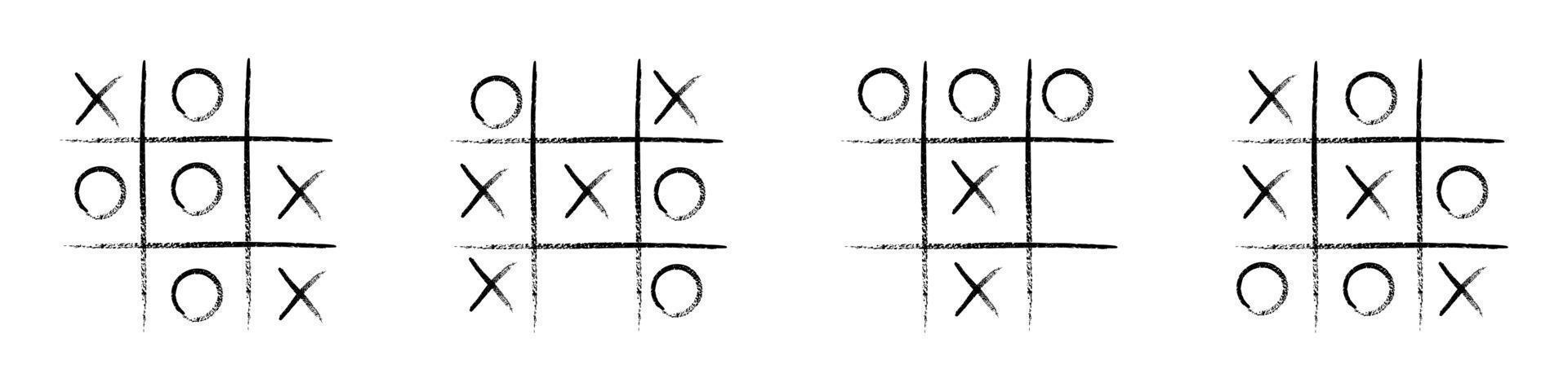 Juego de competición de juegos de tic tac toe. ceros y cruces cepillo de grunge negro en dibujo a mano. ilustraciones gráficas vectoriales aisladas vector