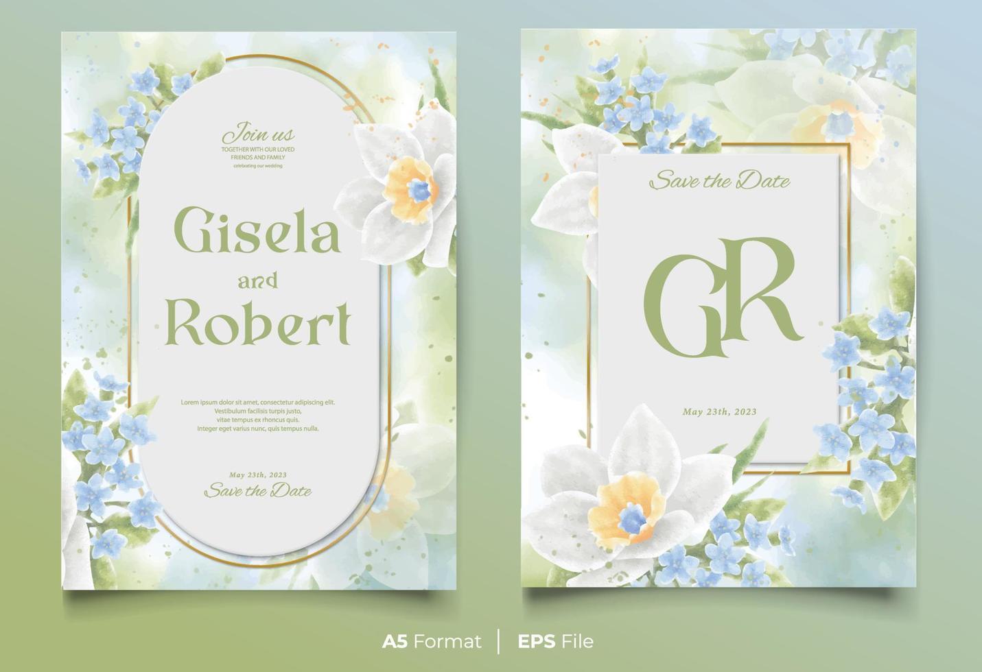 plantilla de invitación de boda en acuarela con adorno de flores blancas y azules vector