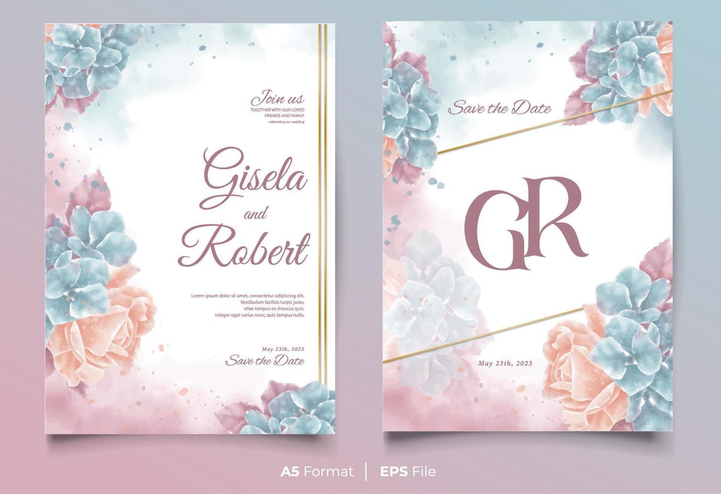 plantilla de invitación de boda de acuarela con adorno de flores amarillas y azules vector