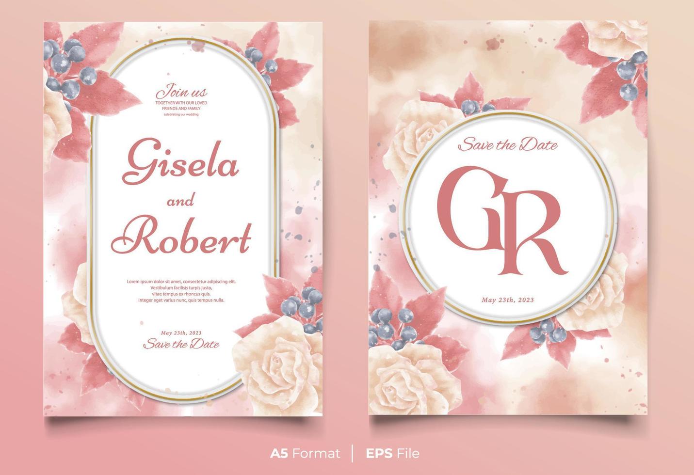 plantilla de invitación de boda de acuarela con adorno de flor roja y melocotón vector