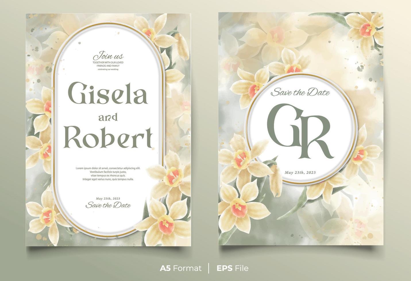 plantilla de invitación de boda de acuarela con adorno de flores amarillas y verdes vector