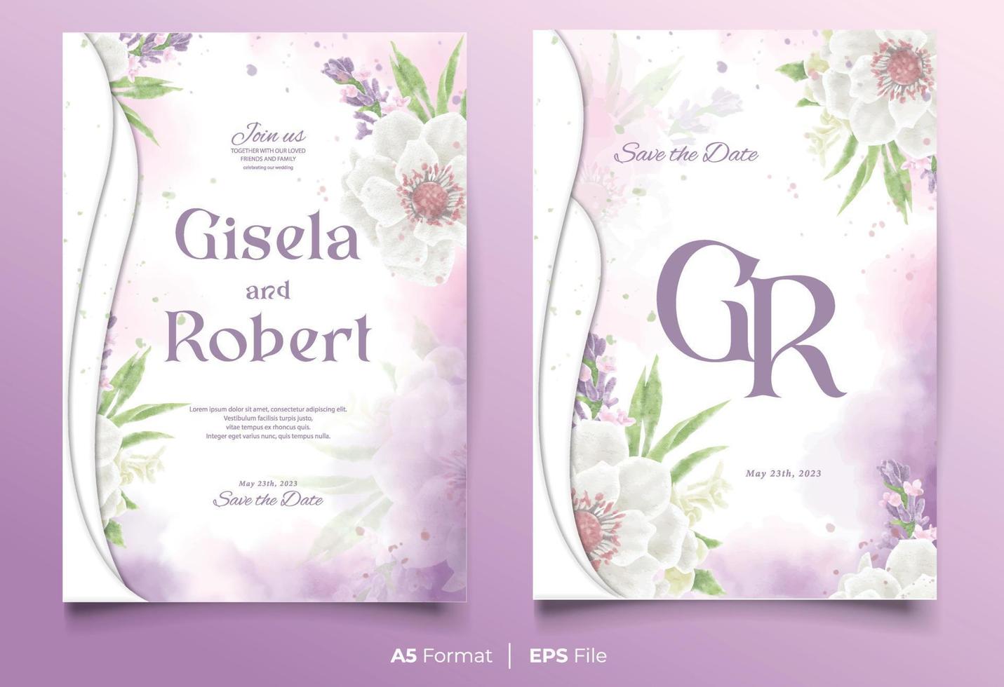 plantilla de invitación de boda de acuarela con adorno de flores blancas y moradas vector